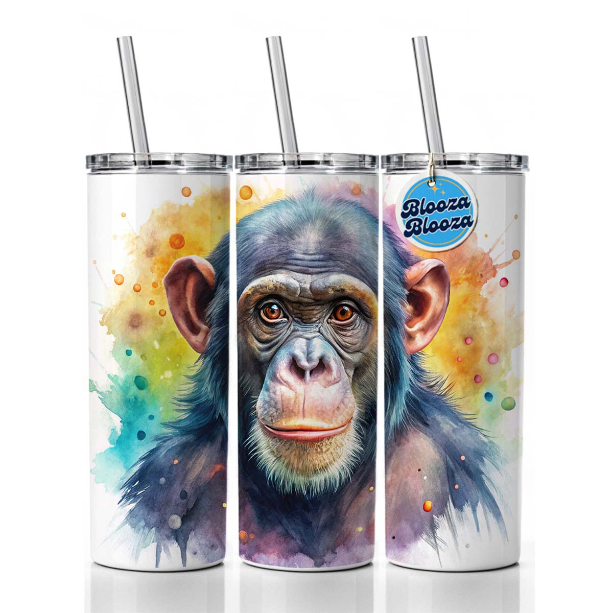 Chimpanzee Monkey Watercolor Skinny Tumbler 20oz with Straw Insulated Water Bottle Gift
