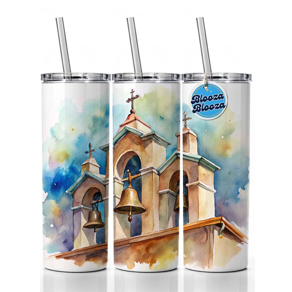 Church Mission Bells Watercolor Skinny Tumbler 20oz with Straw Insulated Water Bottle Gift