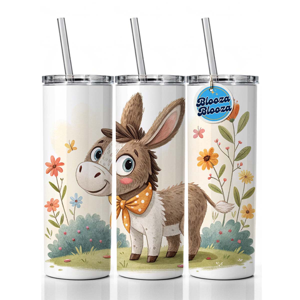 Donkey Children's Illustration Style Skinny Tumbler 20oz with Straw Insulated Water Bottle Gift