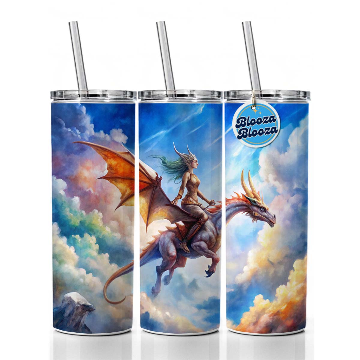 Dragon and Rider Flying Watercolor Skinny Tumbler 20oz with Straw Insulated Water Bottle Gift