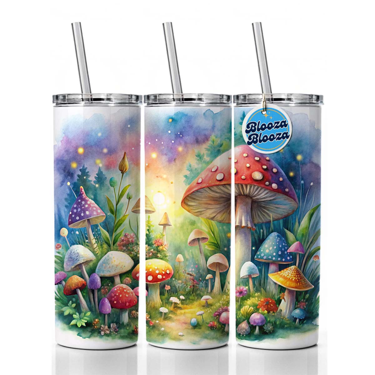 Fantastical Magical Mushroom Garden Watercolor Skinny Tumbler 20oz with Straw Insulated Water Bottle Gift