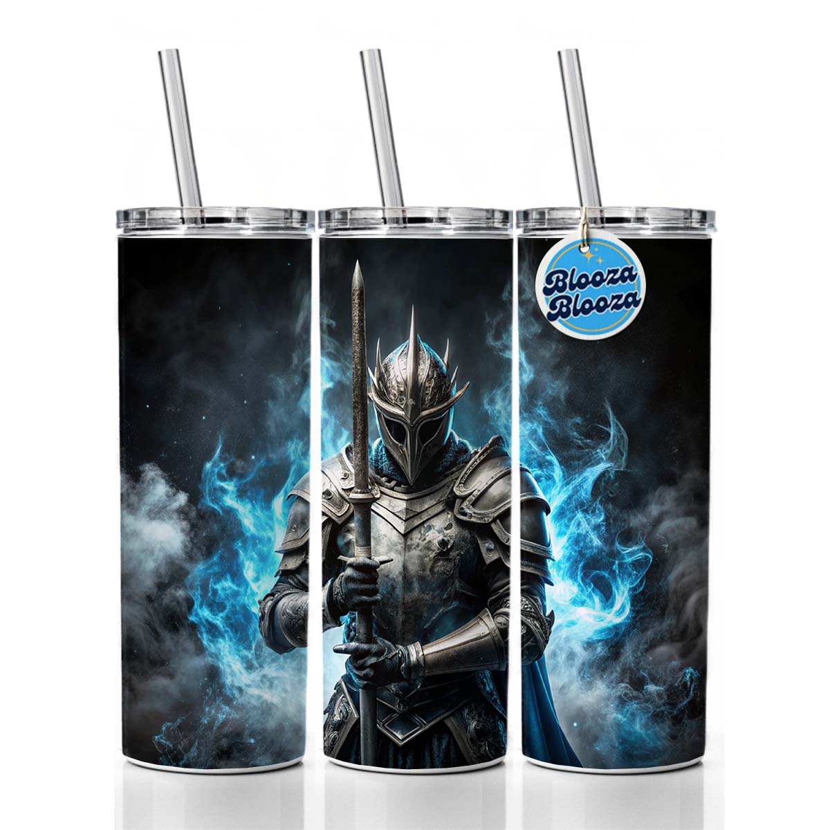 Fantasy Warrior Knight Blue Flames Skinny Tumbler 20oz with Straw Insulated Water Bottle Gift