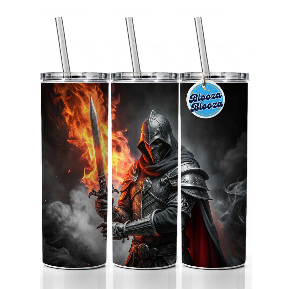 Fantasy Warrior Knight with Flaming Sword Skinny Tumbler 20oz with Straw Insulated Water Bottle Gift