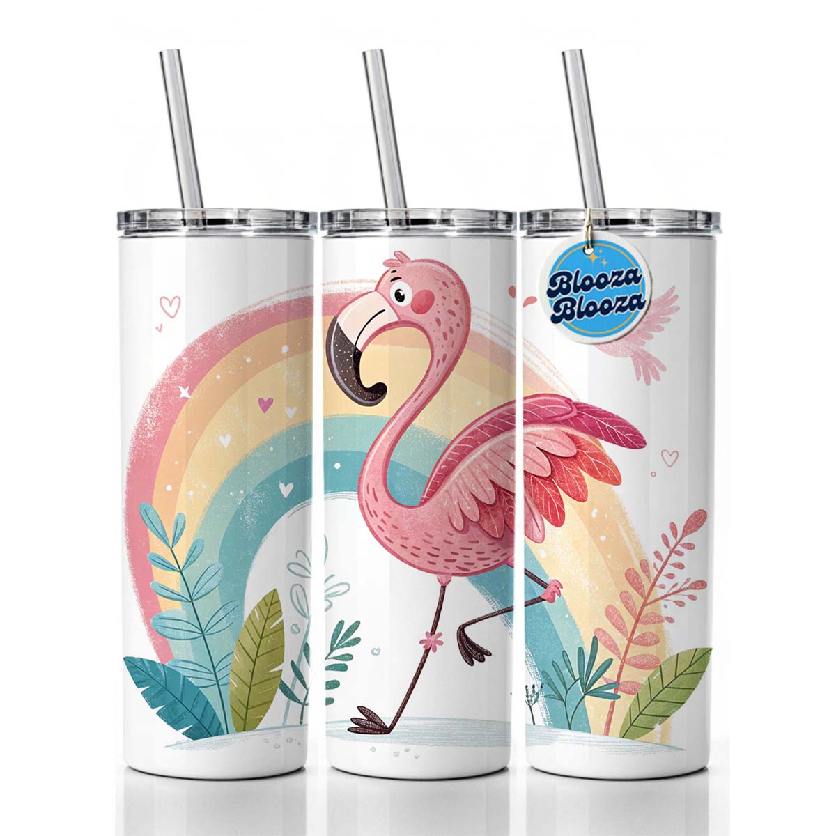 Flamingo and Rainbow Children's Illustration Style Skinny Tumbler 20oz with Straw Insulated Water Bottle Gift