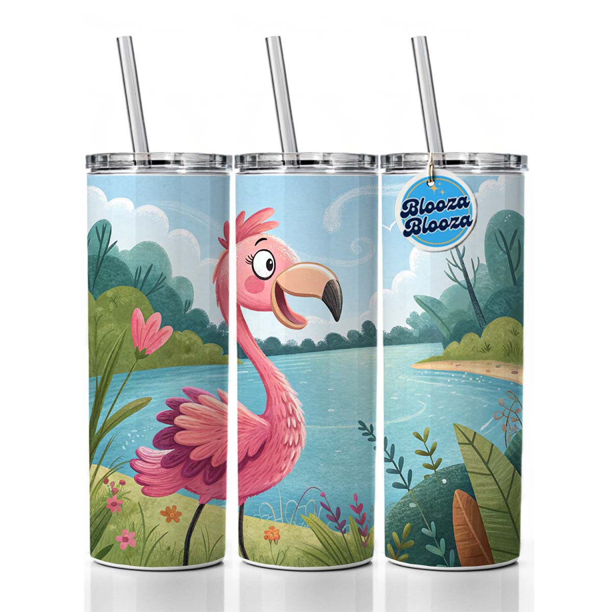 Flamingo Children's Illustration Style Skinny Tumbler 20oz with Straw Insulated Water Bottle Gift
