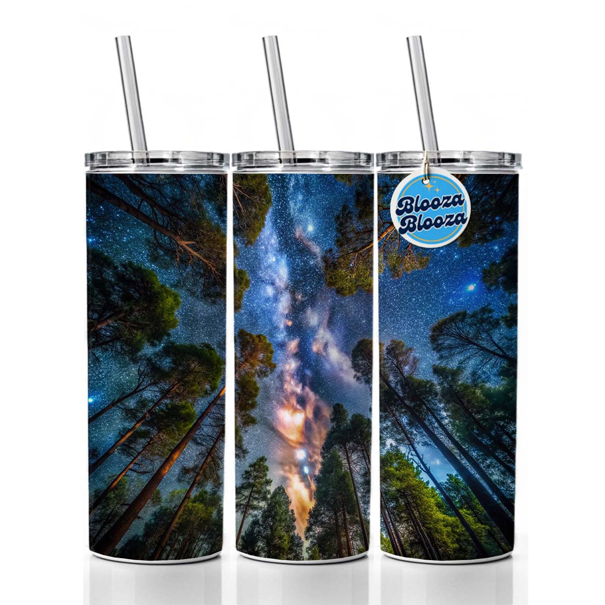 Forest Trees and Starry Night Sky Skinny Tumbler 20oz with Straw Insulated Water Bottle Gift