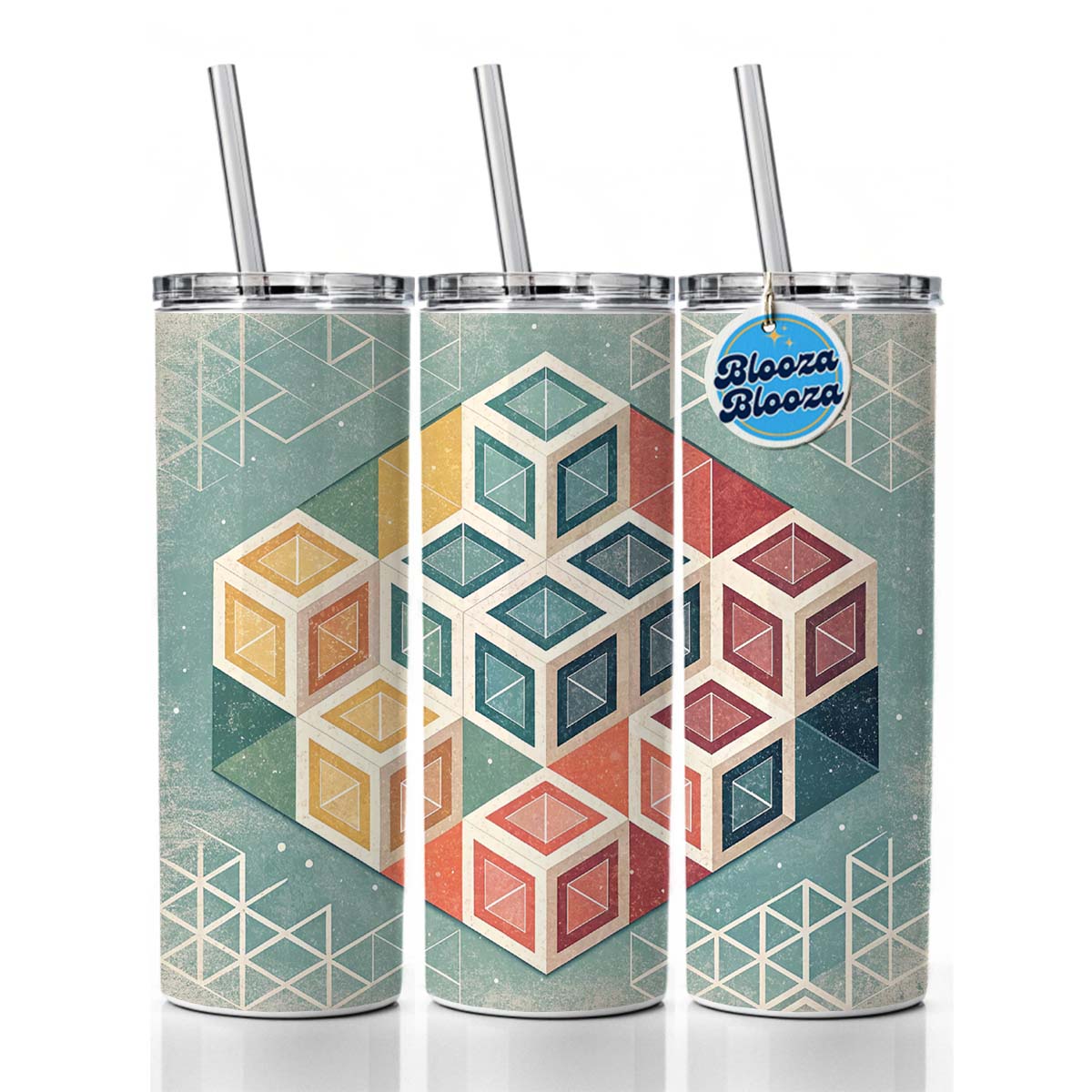 Geometric Cube Pattern Design Skinny Tumbler 20oz with Straw Insulated Water Bottle Gift