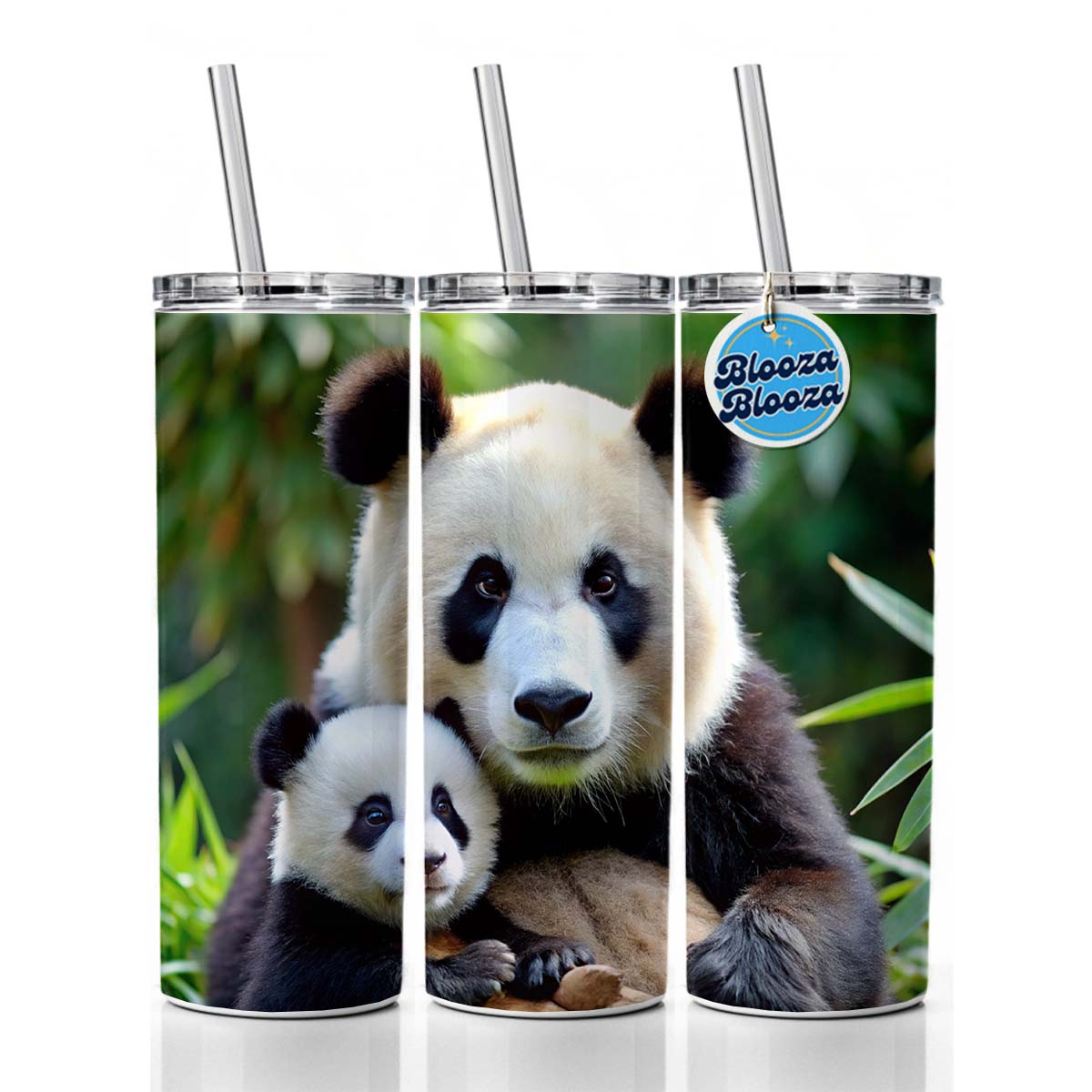 Giant Panda Mother With Baby Skinny Tumbler 20oz with Straw Insulated Water Bottle Gift