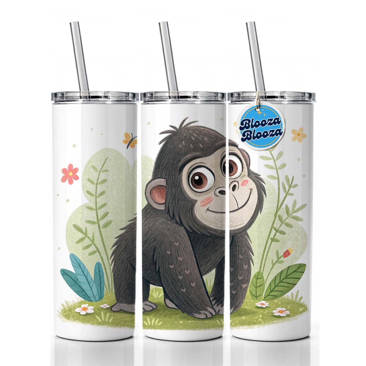 Gorilla Ape Children's Illustration Style Skinny Tumbler 20oz with Straw Insulated Water Bottle Gift