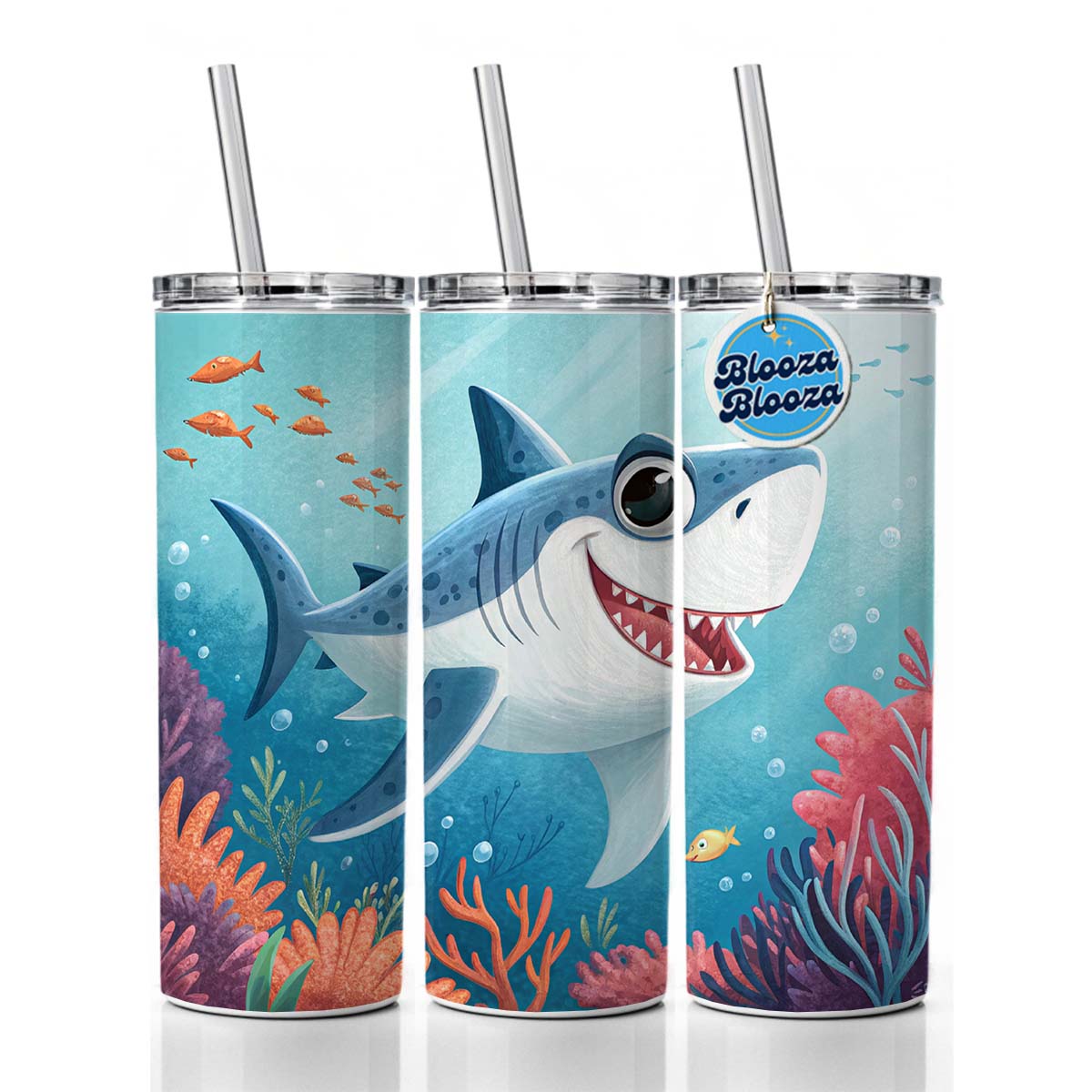 Great White Shark Children's Illustration Style Skinny Tumbler 20oz with Straw Insulated Water Bottle Gift