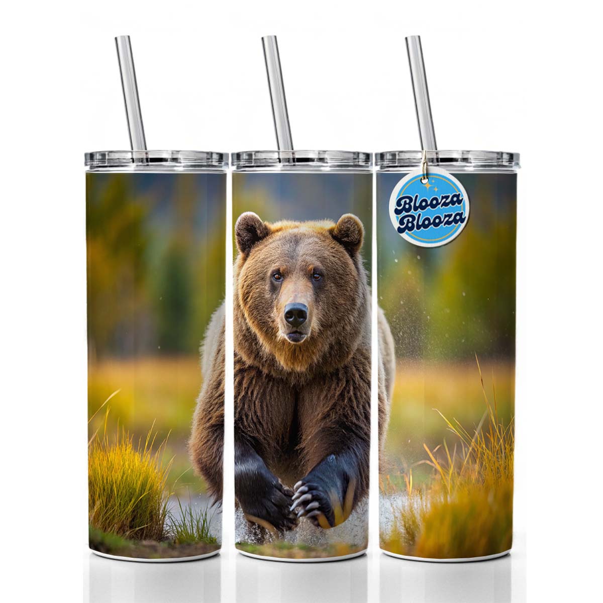 Grizzly Bear Chasing You Skinny Tumbler 20oz with Straw Insulated Water Bottle Gift