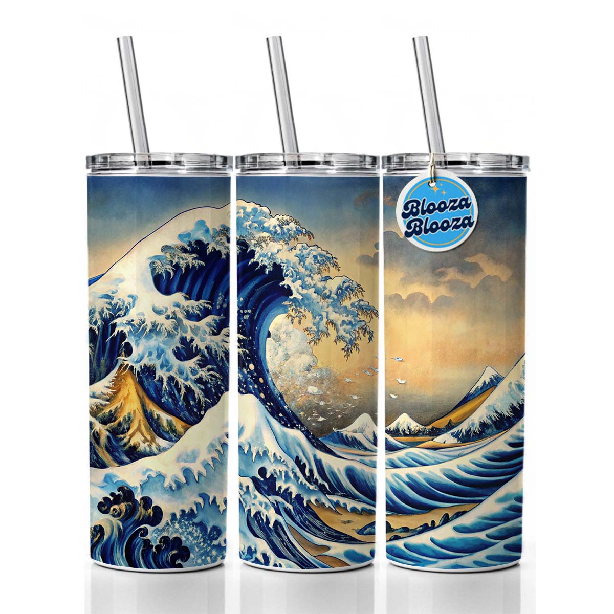 Japanese Blue Ocean Waves Ink Painting Skinny Tumbler 20oz with Straw Insulated Water Bottle Gift