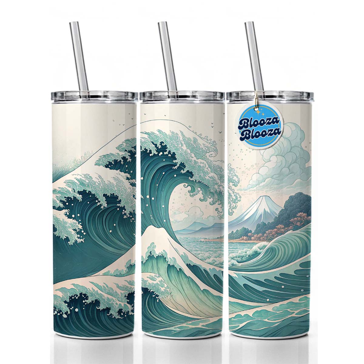 Japanese Ocean Waves Cartoon Skinny Tumbler 20oz with Straw Insulated Water Bottle Gift