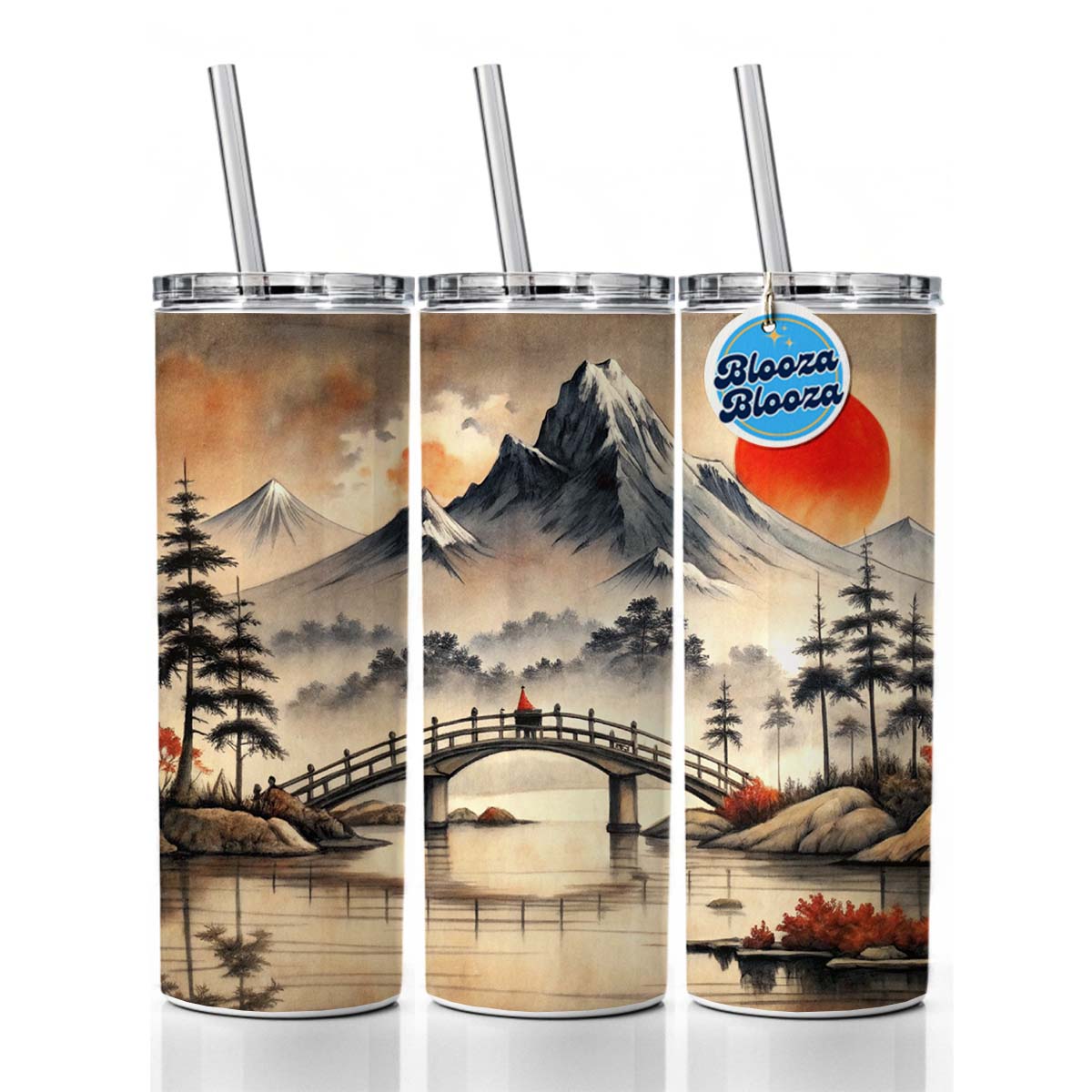 Japanese Style Ink Painting Bridge Over Water Landscape Skinny Tumbler 20oz with Straw Insulated Water Bottle Gift