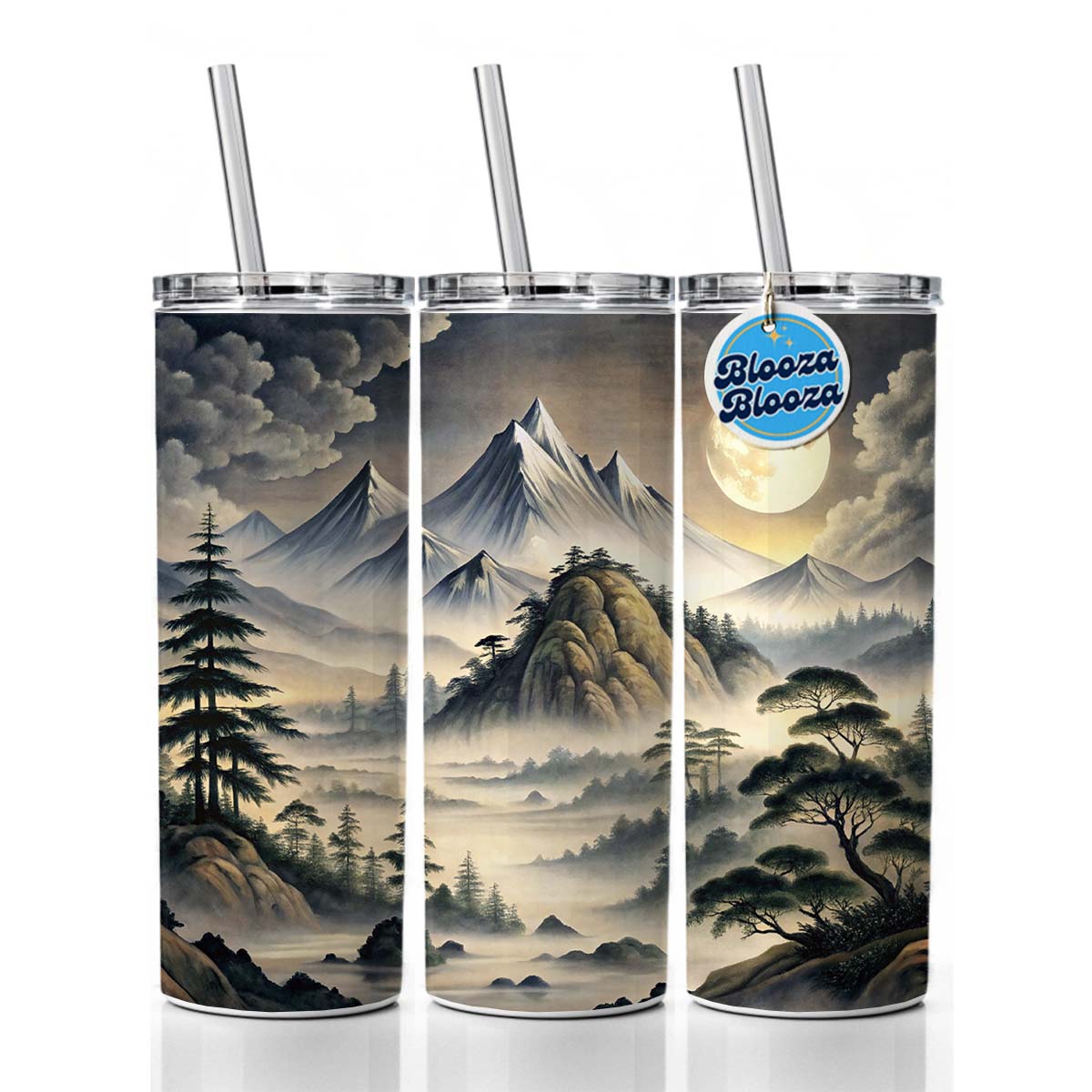 Japanese Style Ink Painting Landscape Misty Mountains Large Moon Skinny Tumbler 20oz with Straw Insulated Water Bottle Gift