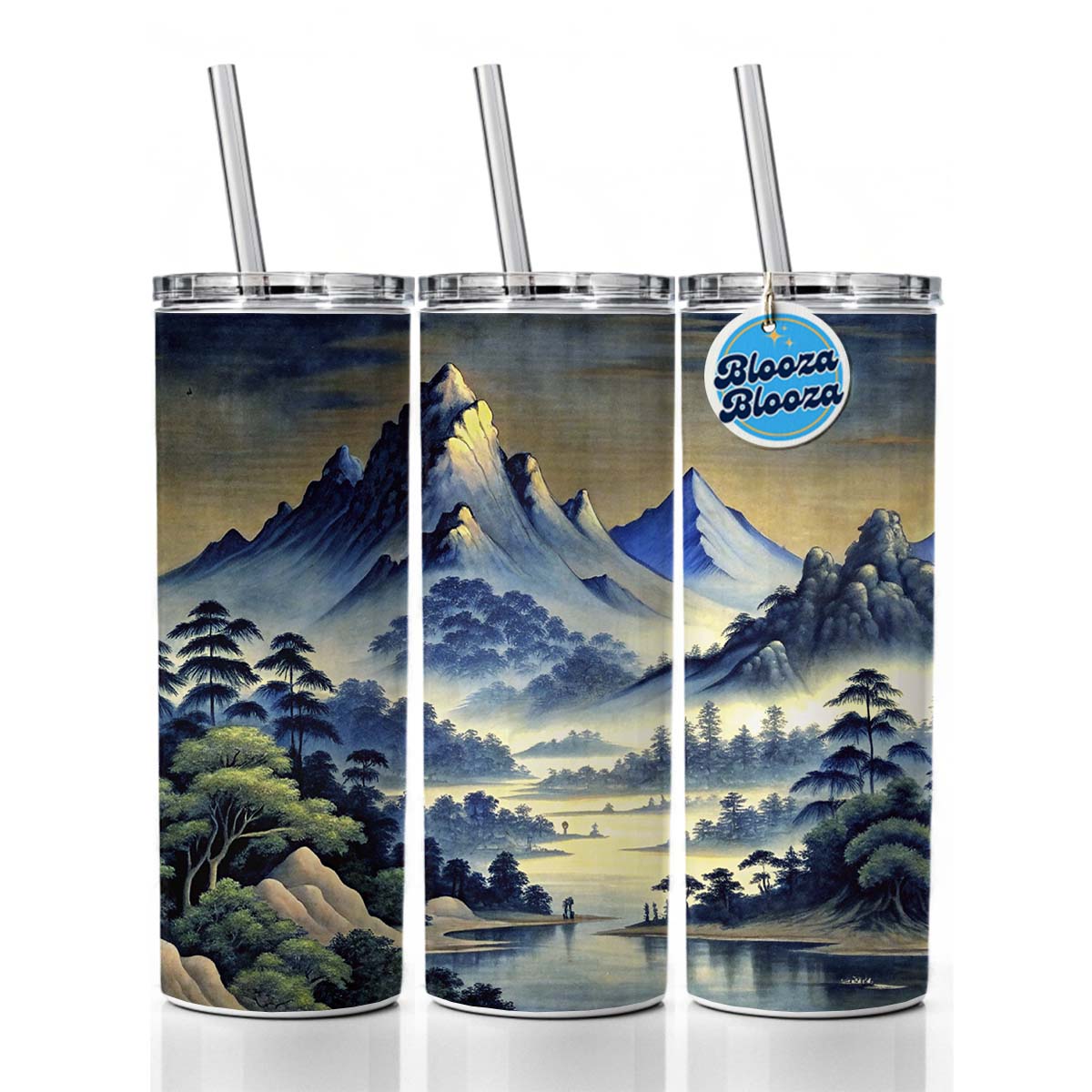 Japanese Style Ink Painting Landscape Mountains At Night Skinny Tumbler 20oz with Straw Insulated Water Bottle Gift