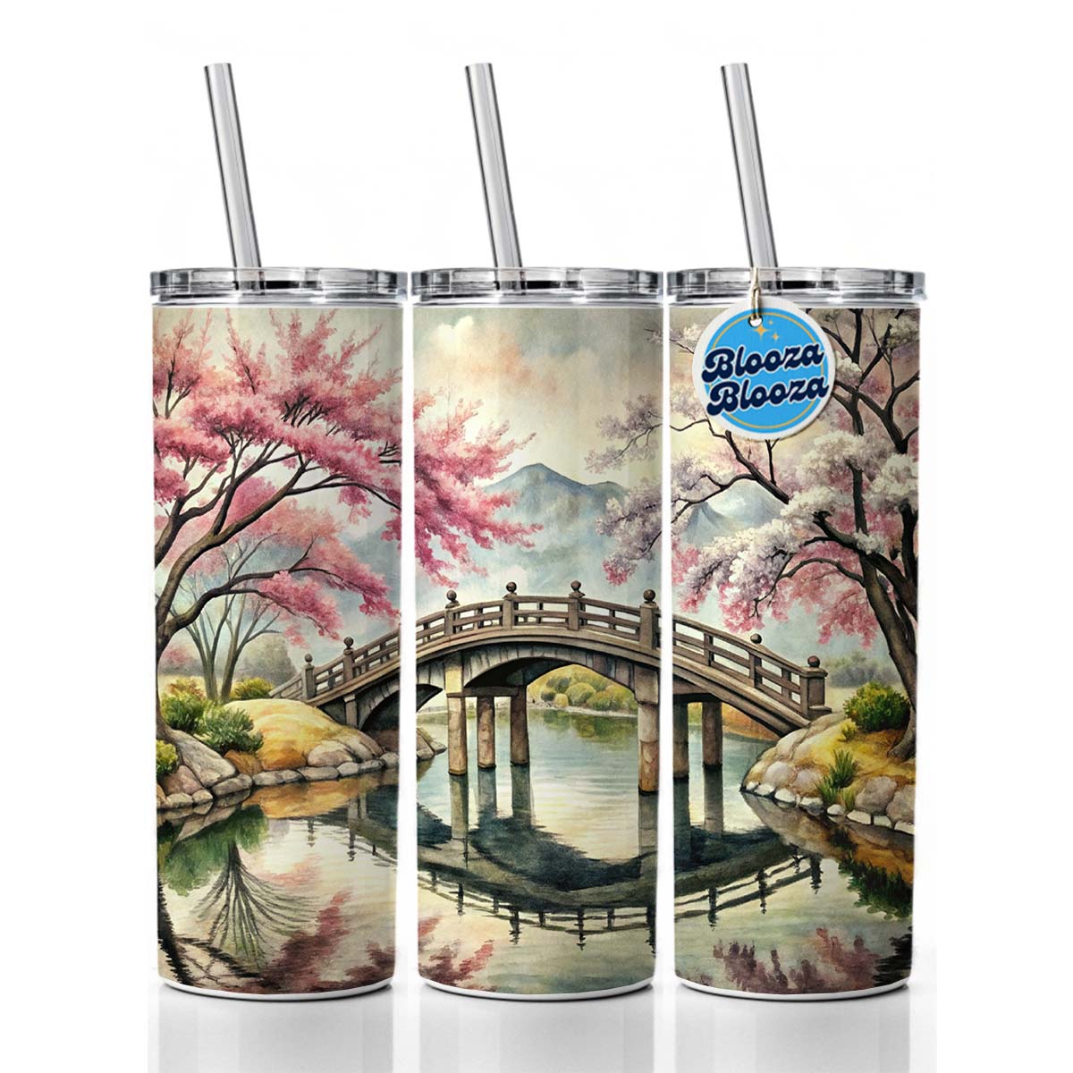 Japanese Style Ink Painting Sakura Trees Bridge Water Landscape Skinny Tumbler 20oz with Straw Insulated Water Bottle Gift