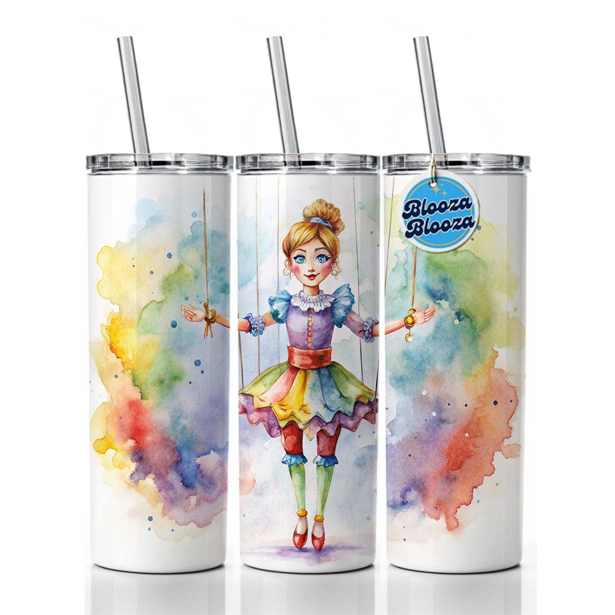Marionette Puppet on Strings Watercolor Skinny Tumbler 20oz with Straw Insulated Water Bottle Gift