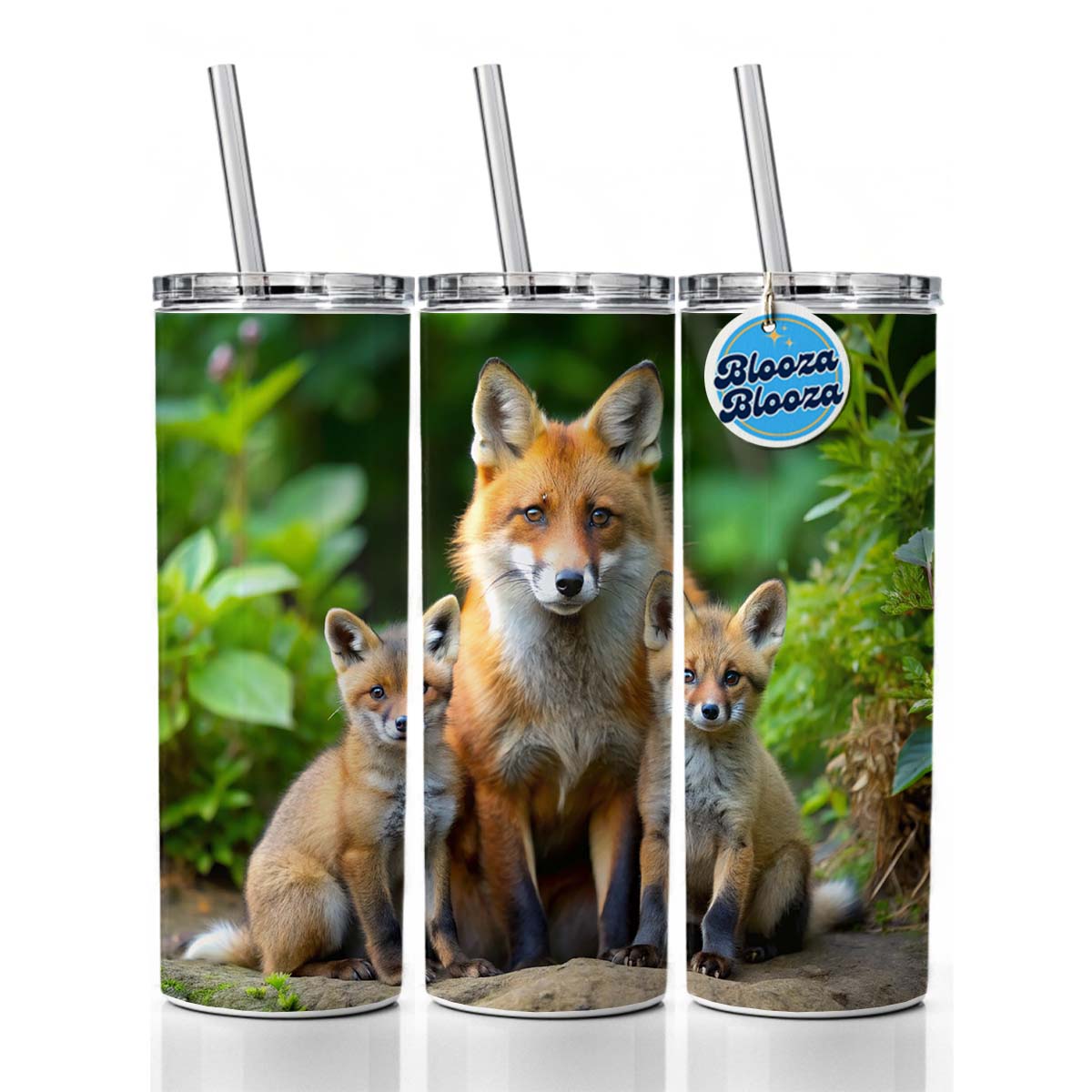 Mother Fox And Pups Skinny Tumbler 20oz with Straw Insulated Water Bottle Gift