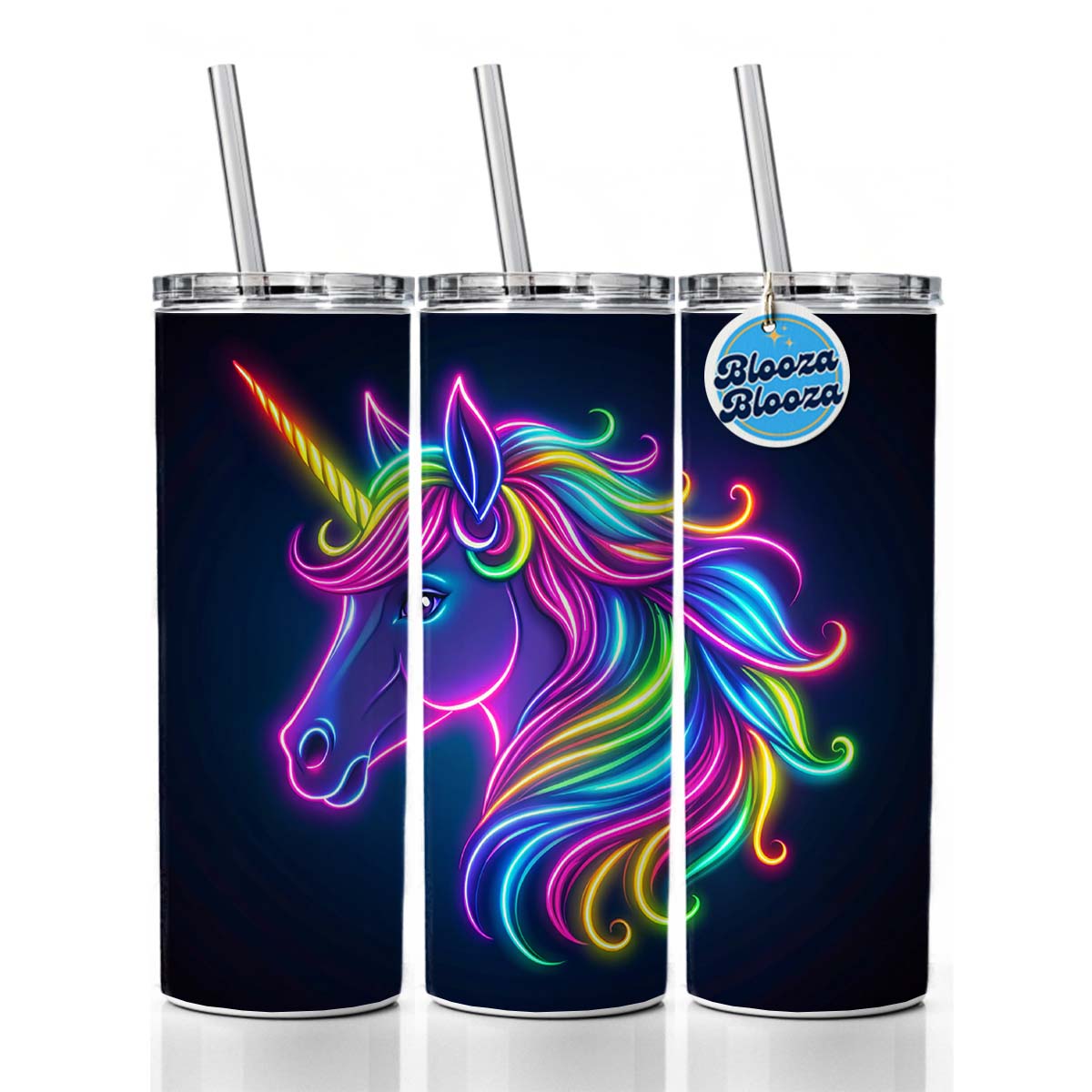 Neon Unicorn Head Fantasy Skinny Tumbler 20oz with Straw Insulated Water Bottle Gift