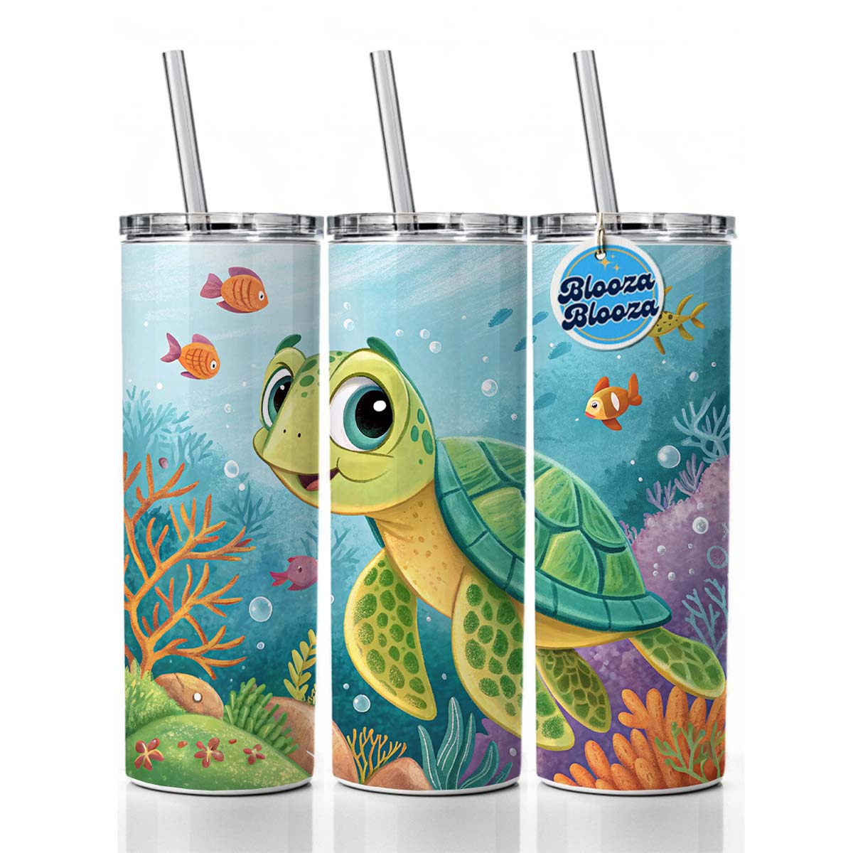 Sea Turtle Children's Illustration Style Skinny Tumbler 20oz with Straw Insulated Water Bottle Gift