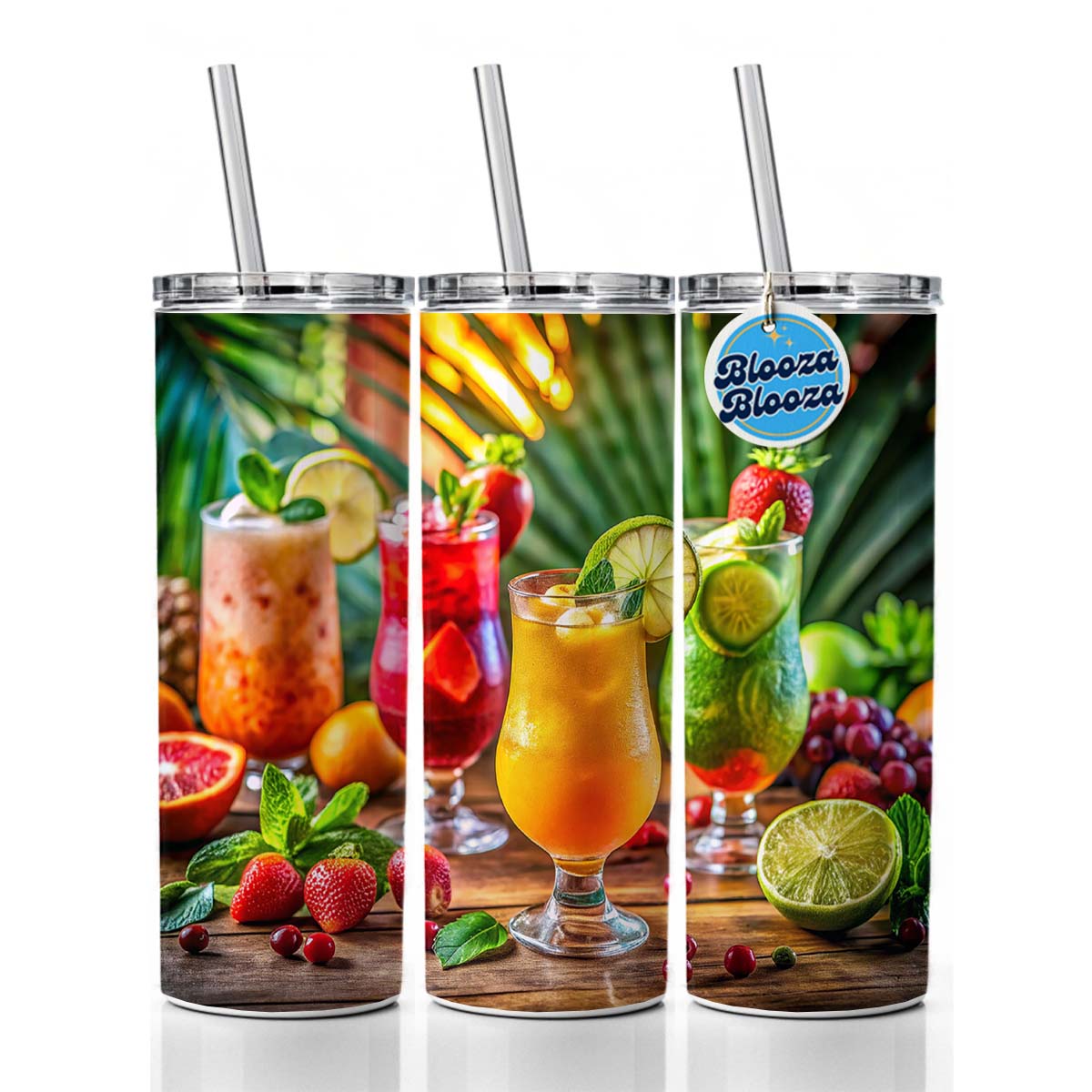 Tropical Colorful Fruity Drinks Skinny Tumbler 20oz with Straw Insulated Water Bottle Gift