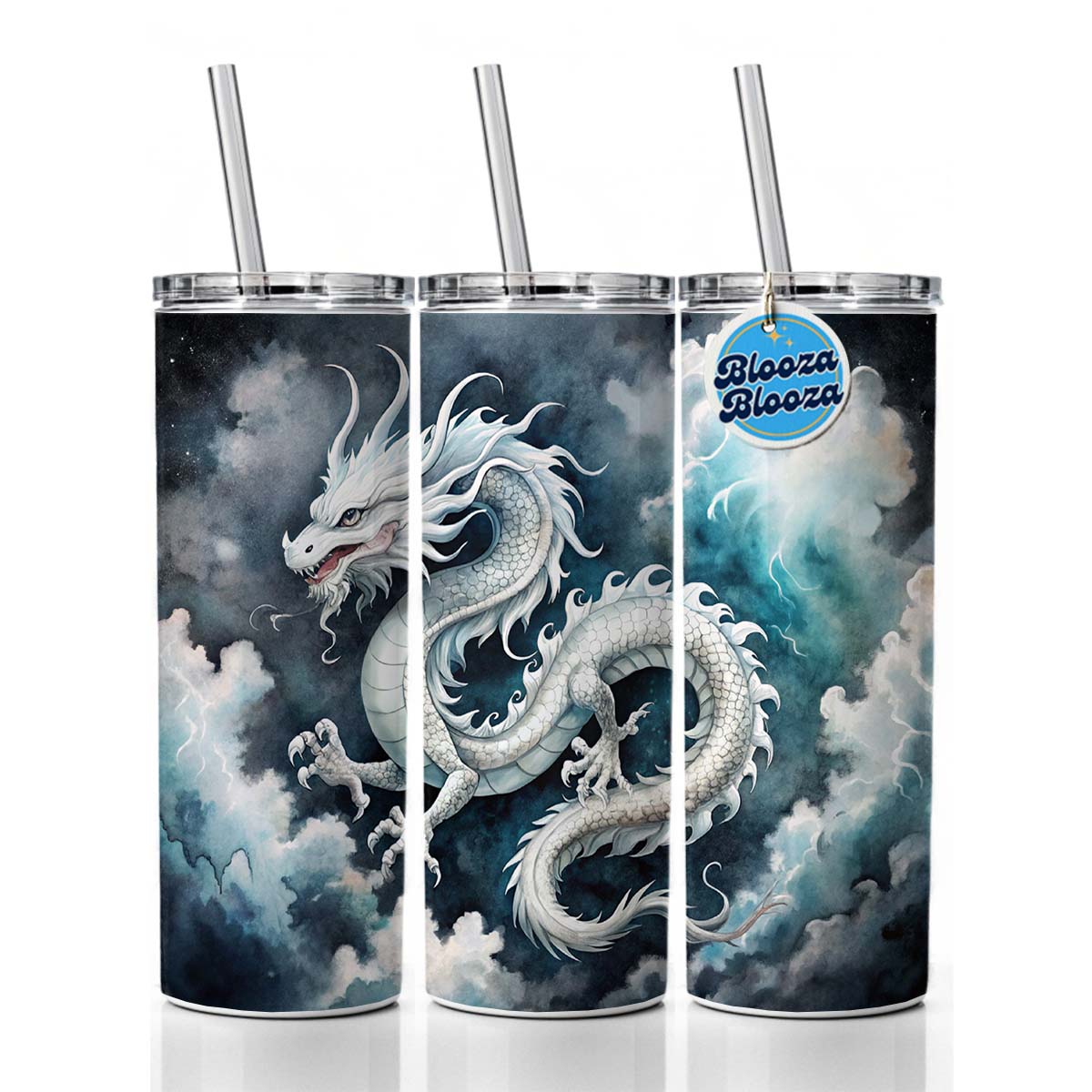 White Asian Dragon On Black Watercolor Skinny Tumbler 20oz with Straw Insulated Water Bottle Gift