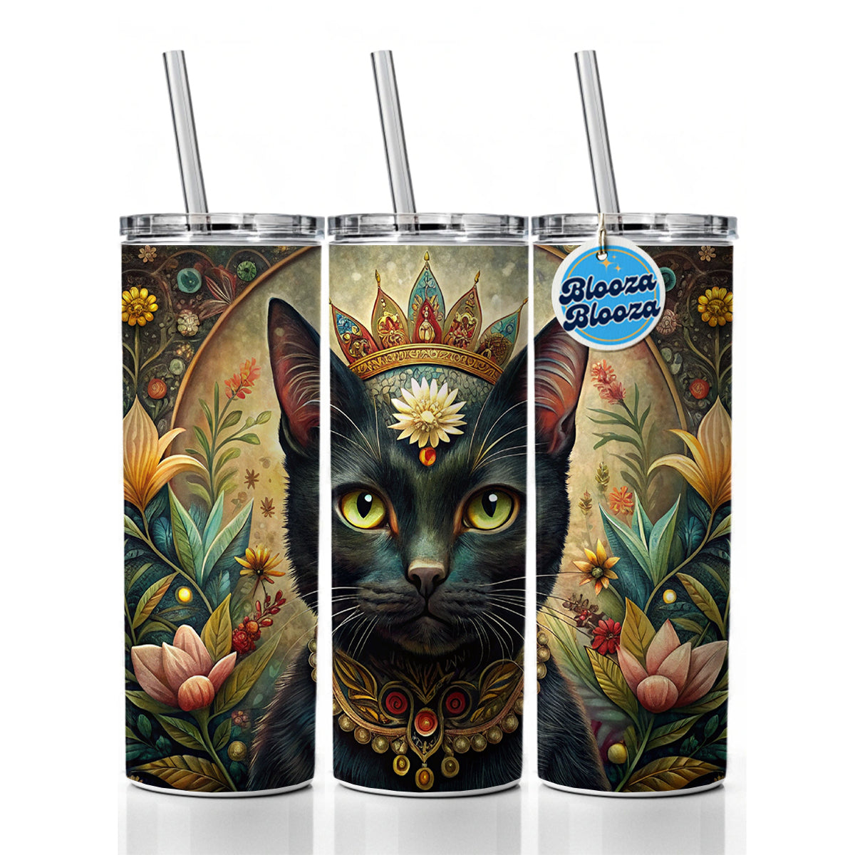 Black Cat French Bohemian Art Skinny Tumbler 20oz with Straw Insulated Water Bottle Gift