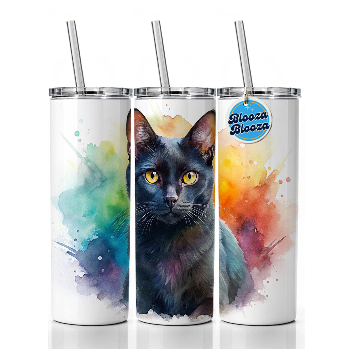 Black Cat Watercolor Style Skinny Tumbler 20oz with Straw Insulated Water Bottle Gift