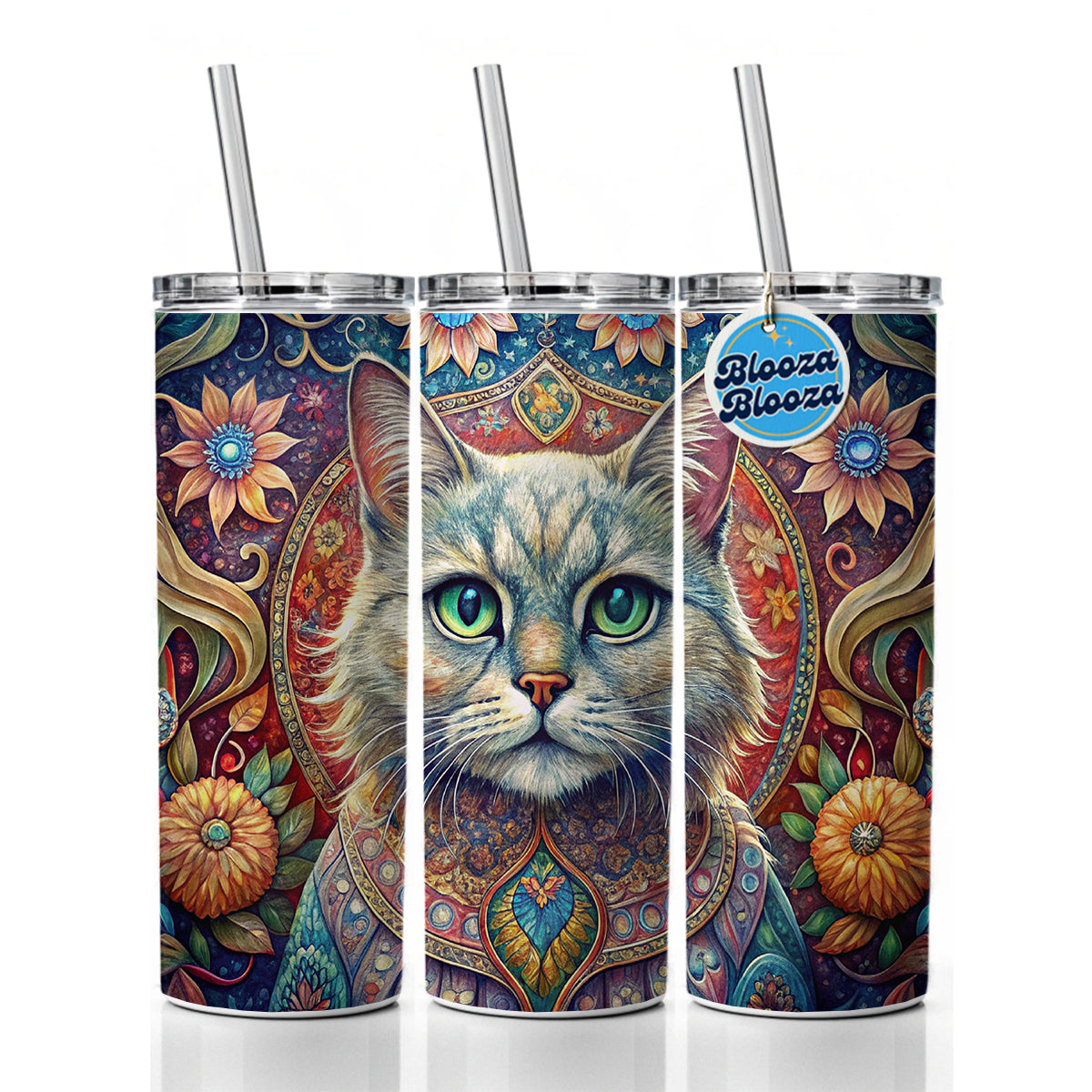 Persian Cat Bohemian Art Skinny Tumbler 20oz with Straw Insulated Water Bottle Gift
