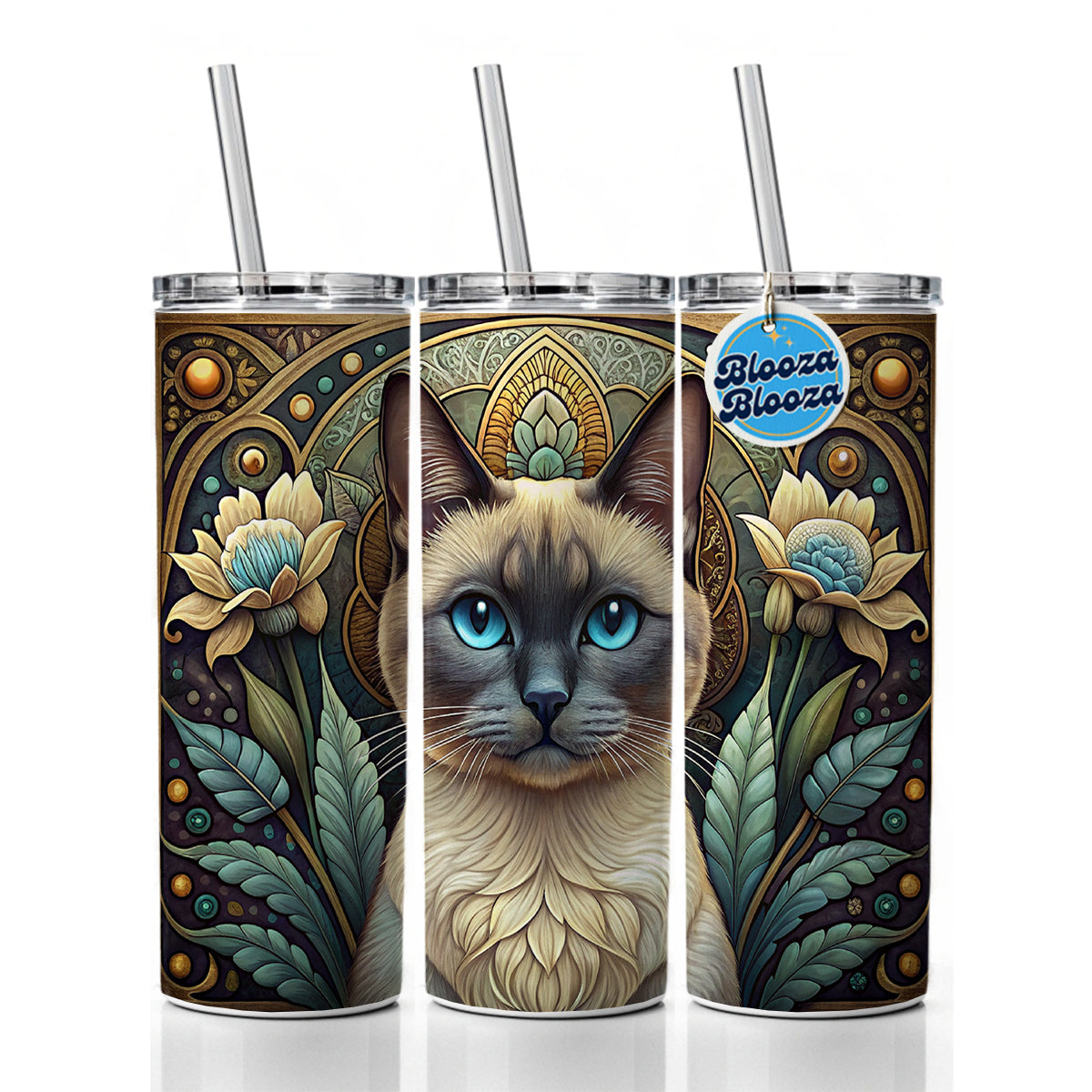 Siamese Cat Art Nouveau Skinny Tumbler 20oz with Straw Insulated Water Bottle Gift