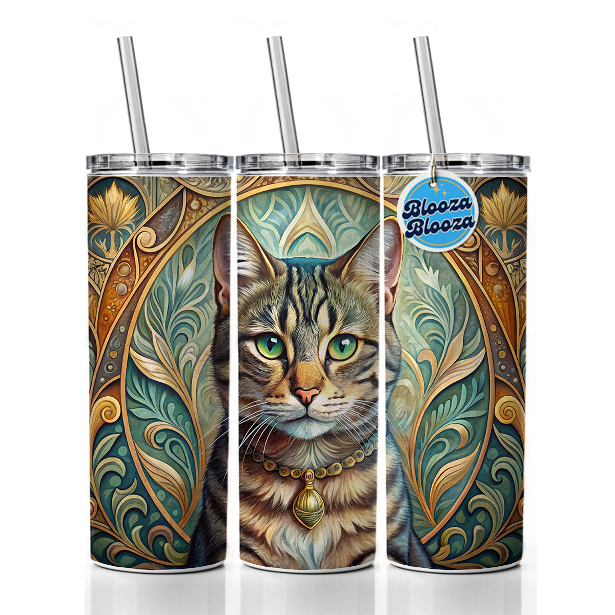Tabby Cat Art Nouveau Skinny Tumbler 20oz with Straw Insulated Water Bottle Gift