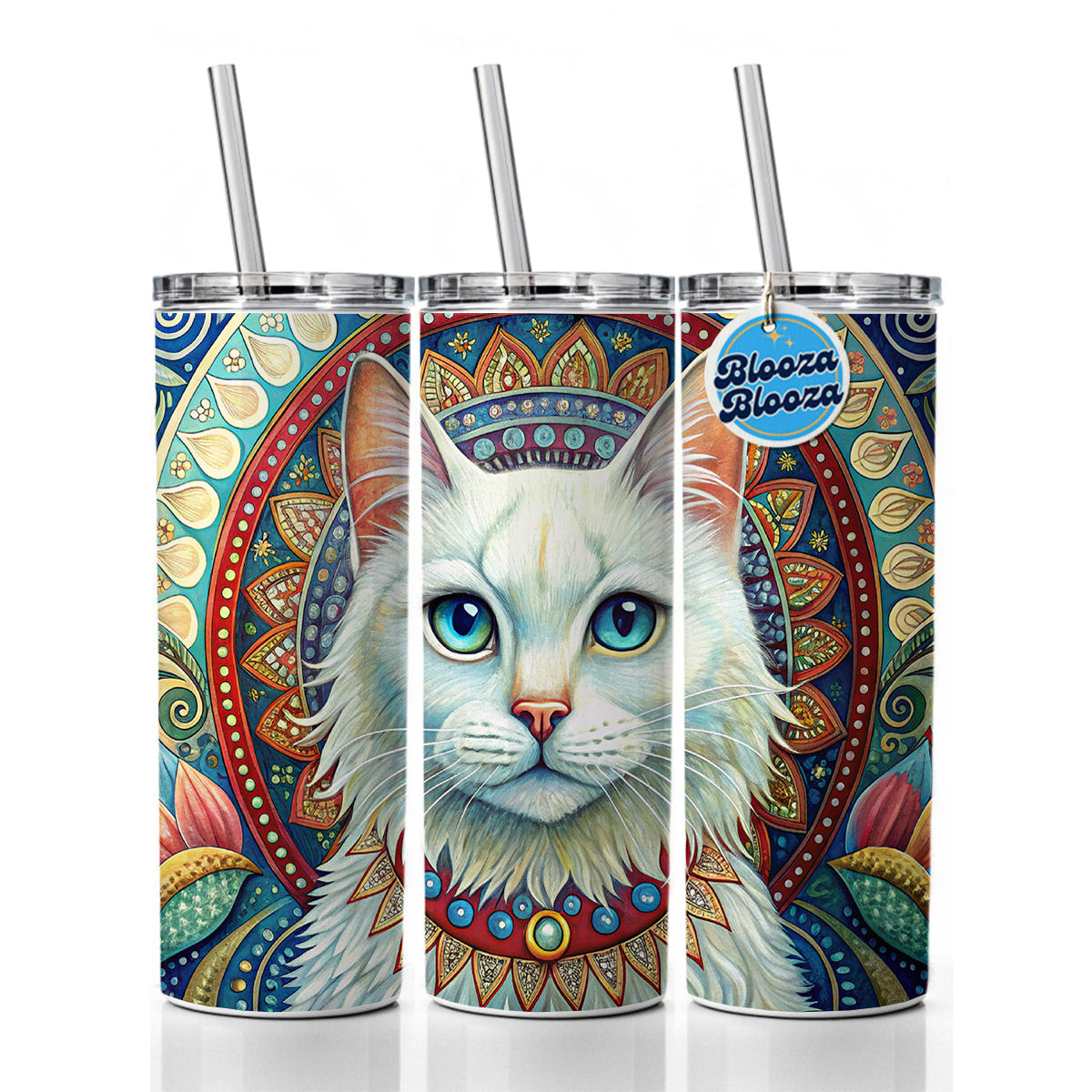 White Cat Bohemian Art Skinny Tumbler 20oz with Straw Insulated Water Bottle Gift