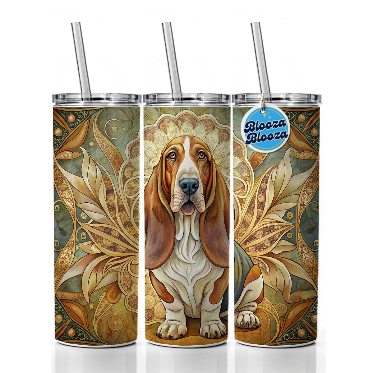 Basset Hound Dog Art Nouveau Skinny Tumbler 20oz with Straw Insulated Water Bottle Gift