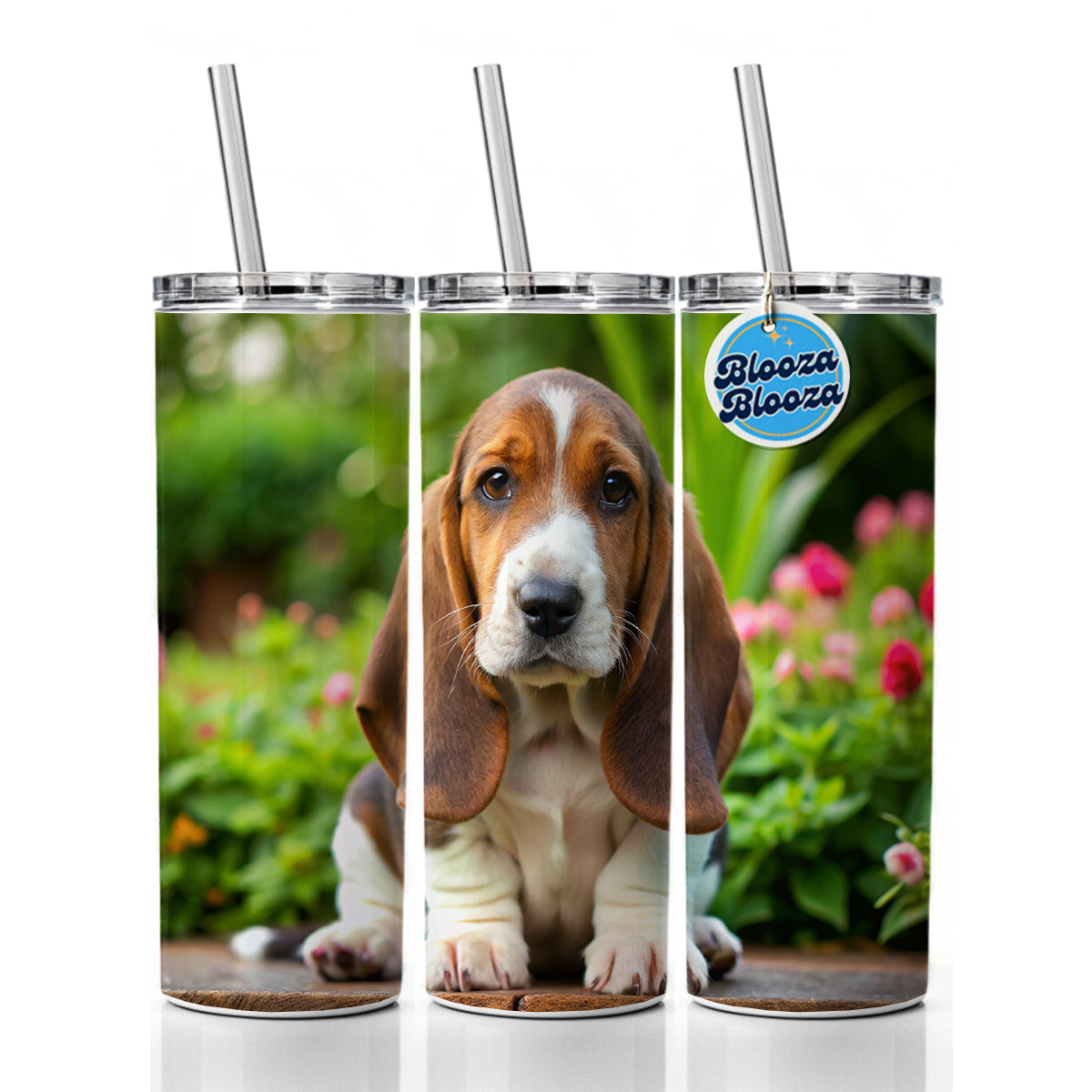 Basset Hound Dog Puppy Photo Skinny Tumbler 20oz with Straw Insulated Water Bottle Gift