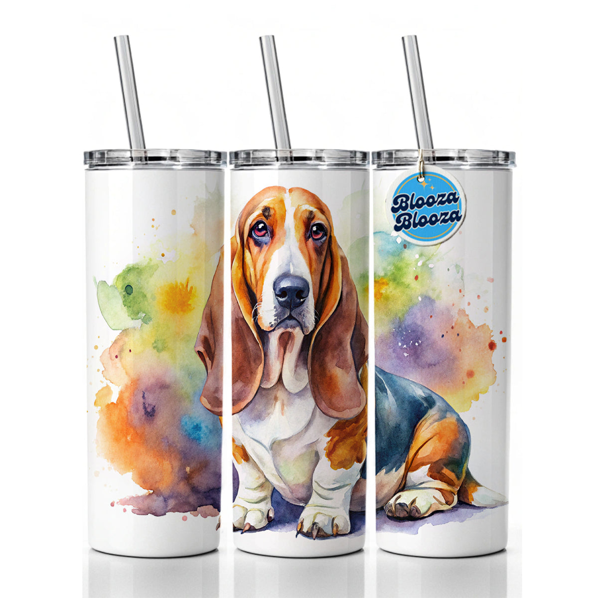 Basset Hound Dog Watercolor Style Skinny Tumbler 20oz with Straw Insulated Water Bottle Gift