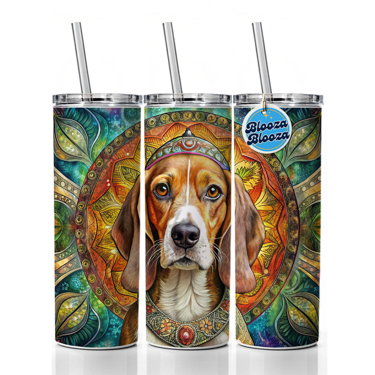 Beagle Dog Bohemian Art Skinny Tumbler 20oz with Straw Insulated Water Bottle Gift