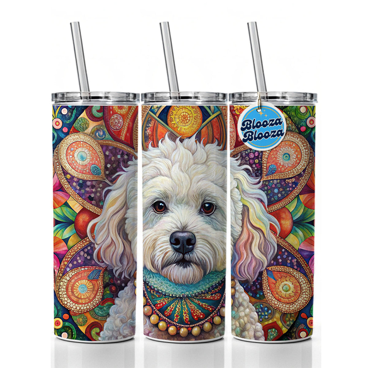 Bichon Frise Dog Bohemian Art Skinny Tumbler 20oz with Straw Insulated Water Bottle Gift