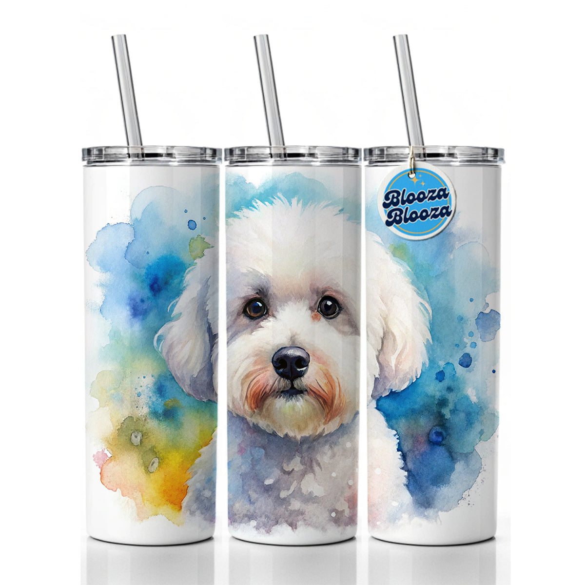 Bichon Frise Dog Watercolor Style Skinny Tumbler 20oz with Straw Insulated Water Bottle Gift