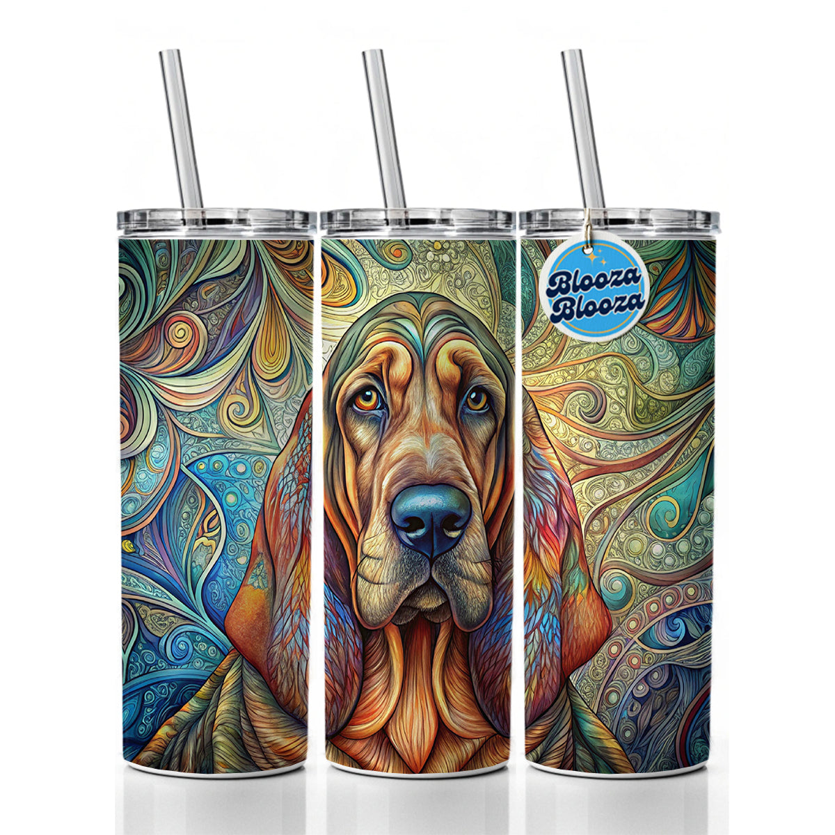 Bloodhound Dog Bohemian Art Skinny Tumbler 20oz with Straw Insulated Water Bottle Gift