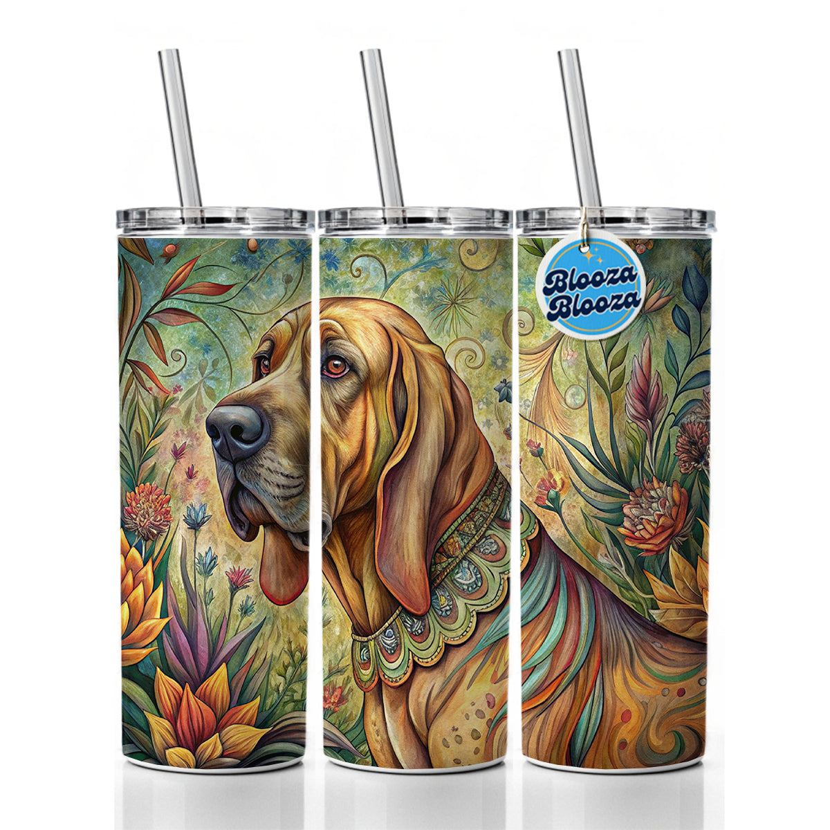 Bloodhound Dog French Bohemian Art Skinny Tumbler 20oz with Straw Insulated Water Bottle Gift