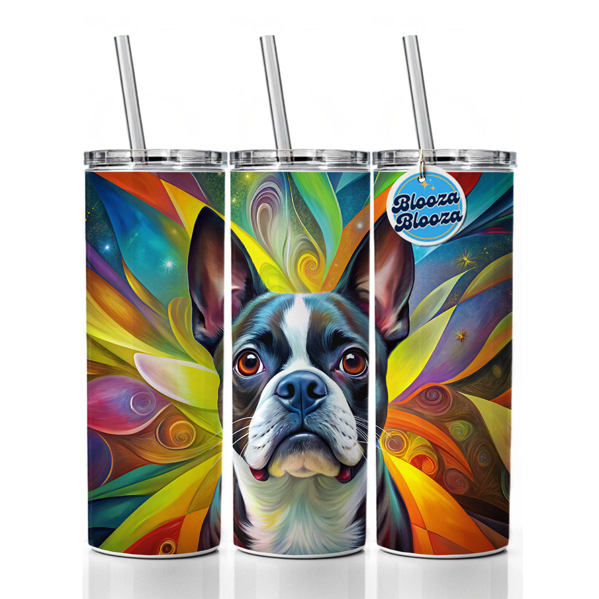 Boston Terrier Dog Abstract Art Skinny Tumbler 20oz with Straw Insulated Water Bottle Gift