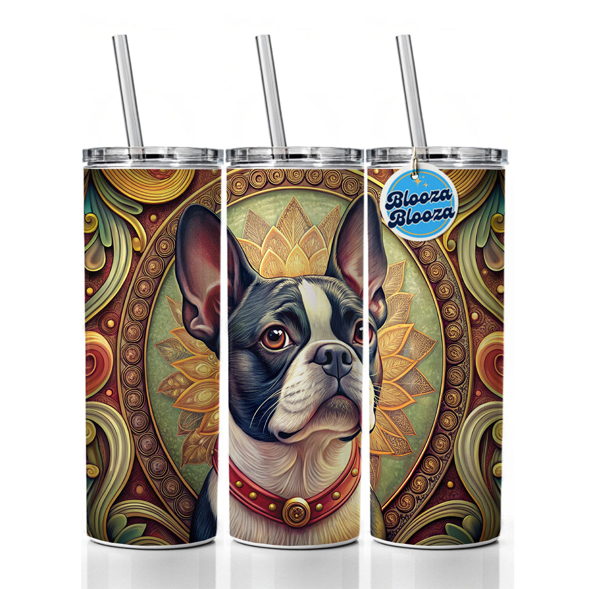 Boston Terrier Dog Art Nouveau Skinny Tumbler 20oz with Straw Insulated Water Bottle Gift