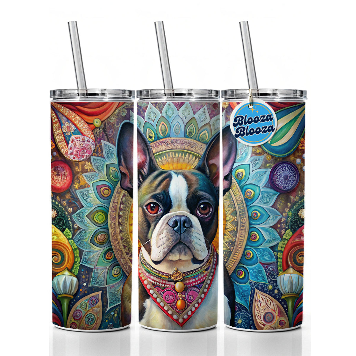 Boston Terrier Dog Bohemian Art Skinny Tumbler 20oz with Straw Insulated Water Bottle Gift