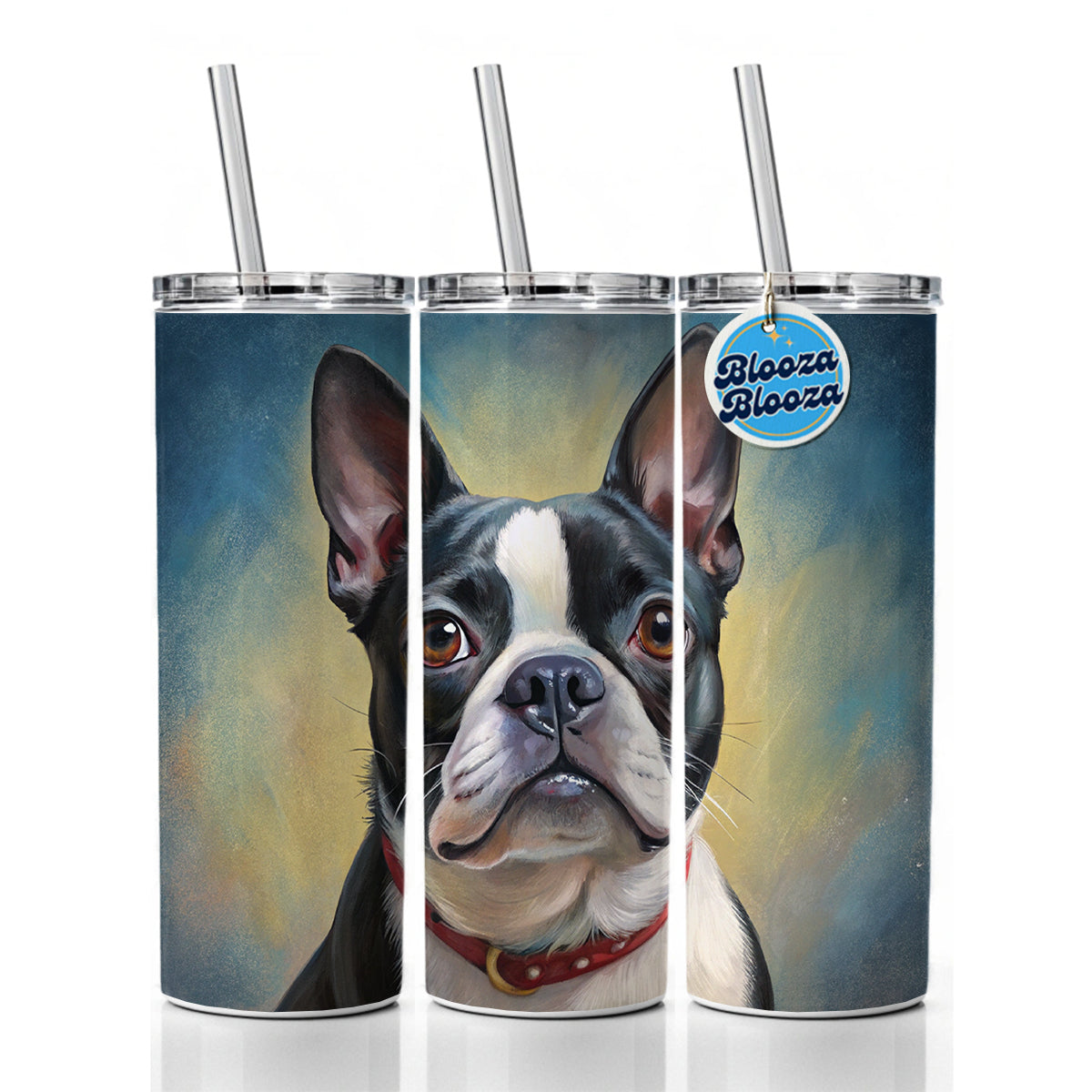 Boston Terrier Dog Illustration Skinny Tumbler 20oz with Straw Insulated Water Bottle Gift