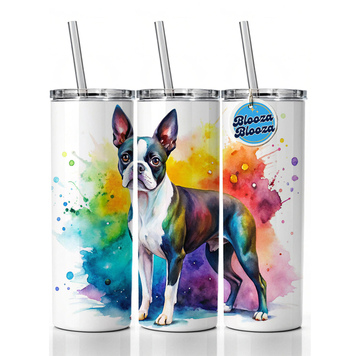 Boston Terrier Dog Watercolor Style Skinny Tumbler 20oz with Straw Insulated Water Bottle Gift