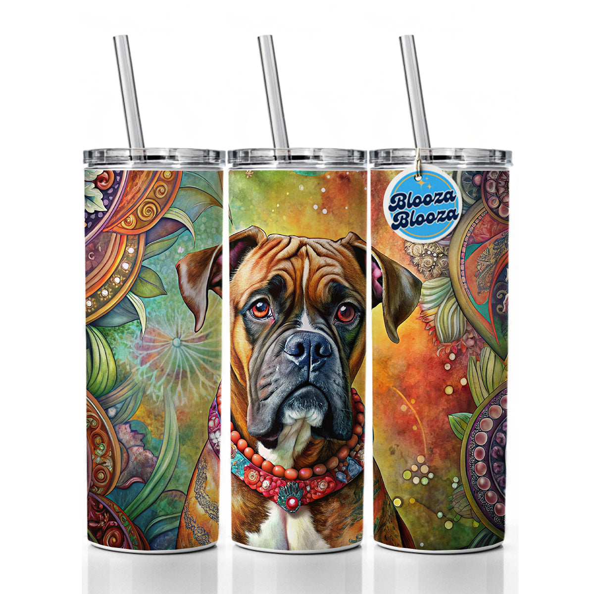 Boxer Dog Bohemian Art Skinny Tumbler 20oz with Straw Insulated Water Bottle Gift