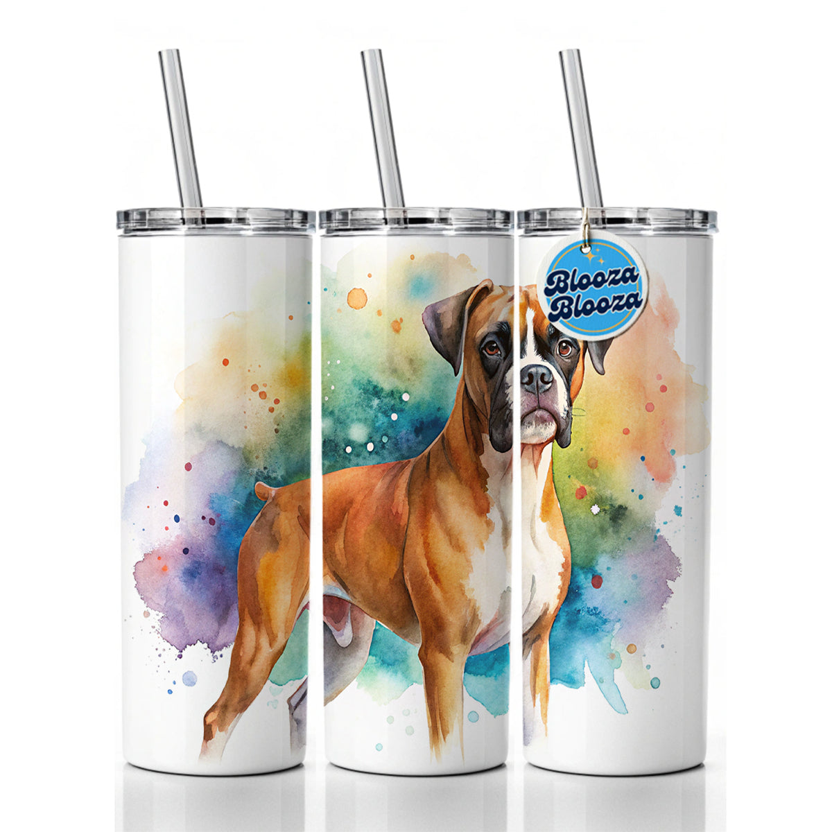Boxer Dog Watercolor Style Skinny Tumbler 20oz with Straw Insulated Water Bottle Gift
