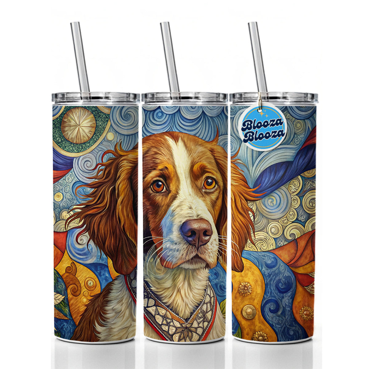 Brittany Spaniel Dog French Bohemian Art Skinny Tumbler 20oz with Straw Insulated Water Bottle Gift