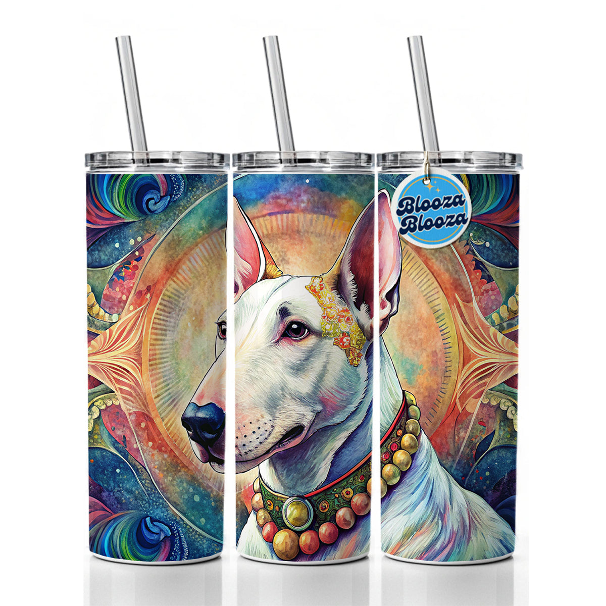 Bull Terrier Dog Bohemian Art Skinny Tumbler 20oz with Straw Insulated Water Bottle Gift